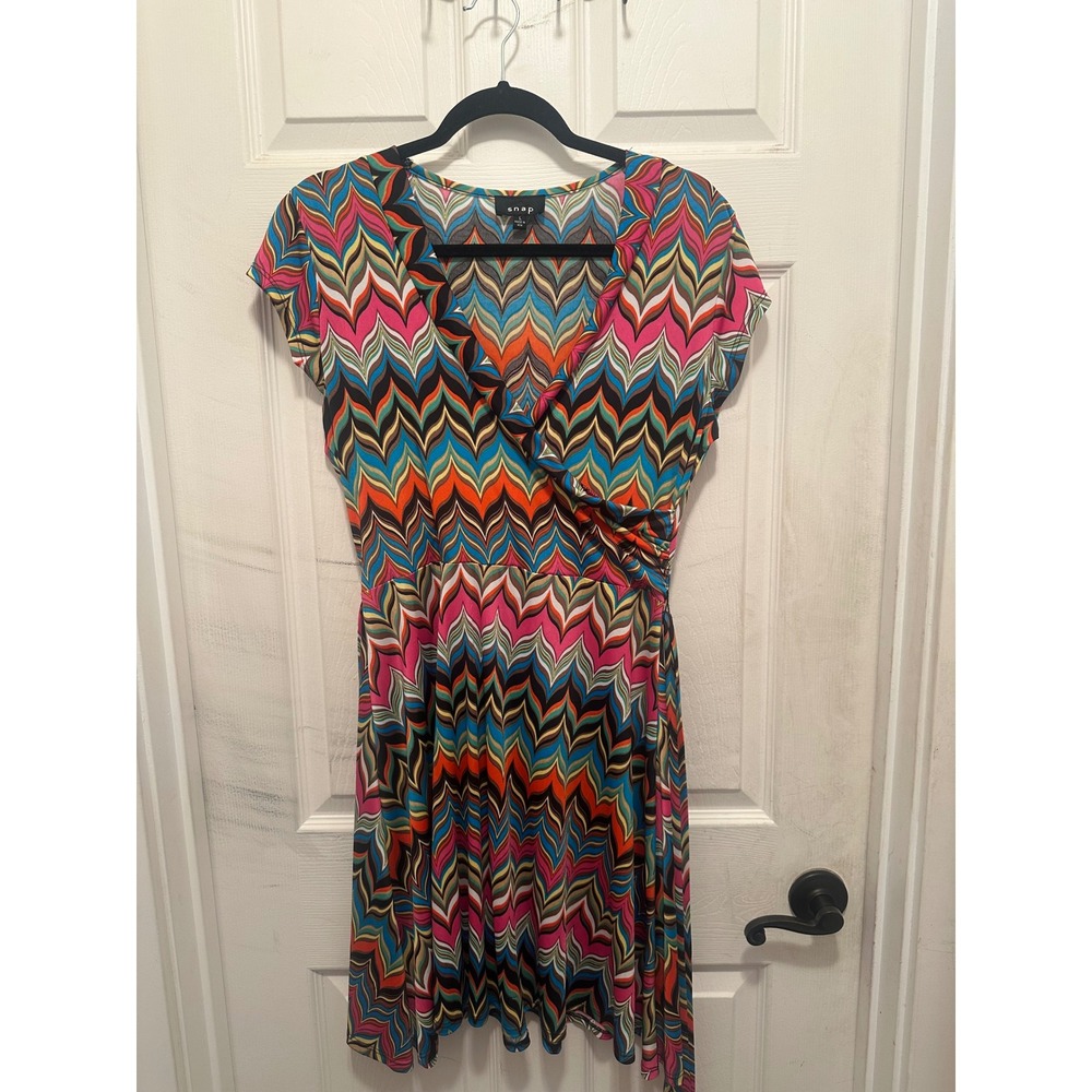 Multi Color Chevron Faux Wrap Dress Large Pink Orange Blue Retro Women Vintage